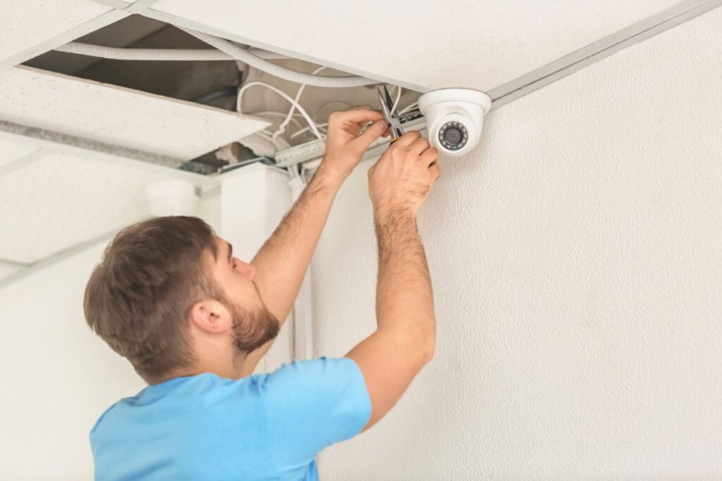 electrician installing security camera indoors